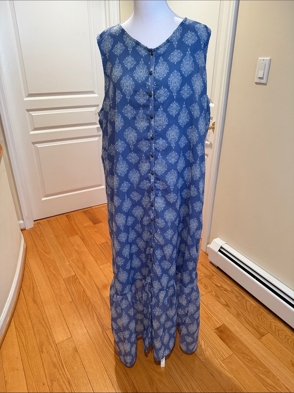 Sleeveless Blue Button-Front Maxi Dress